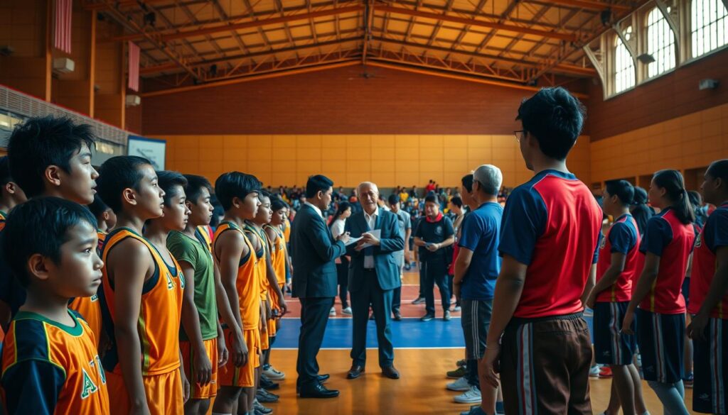 A bustling indoor sports arena bathed in warm, golden light. In the foreground, a group of young, determined athletes in vibrant uniforms stand tall, their faces a mix of focus and anticipation as they await their turn to be evaluated by a panel of seasoned coaches and selectors. In the middle ground, the coaches confer intently, scrutinizing each athlete's form and technique, making meticulous notes. The background is a blur of activity, with support staff and medical personnel tending to the athletes, ensuring their readiness for the rigorous challenges ahead. The overall atmosphere is one of intense competition, camaraderie, and the unwavering pursuit of excellence, as the nation's best young talents are carefully selected to represent their country at the prestigious SEA Games.