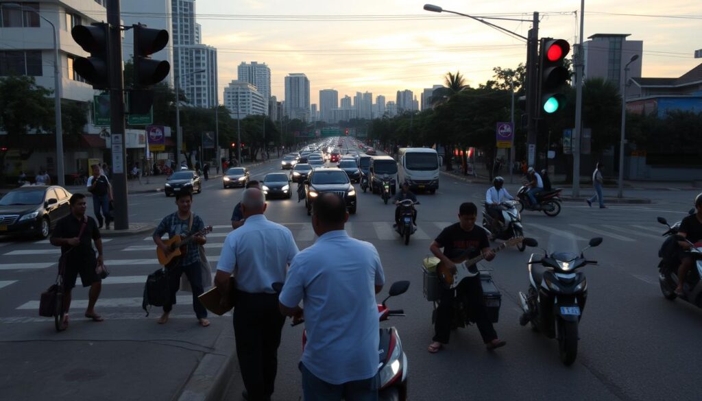 A bustling street intersection in Bengkulu, Indonesia, during rush hour. In the foreground, a group of street performers, known as "pengamen," are being removed from the red traffic light by local authorities in a coordinated "penertiban" or crackdown. The performers, carrying musical instruments, have a look of dismay on their faces as they are escorted away. The middle ground shows the chaotic flow of vehicles, motorcycles, and pedestrians navigating the busy crossroads. In the background, the skyline of Bengkulu's urban landscape is visible, with a mix of modern and traditional buildings bathed in the warm glow of the setting sun. The scene conveys a sense of tension and conflict as the local government attempts to regulate the activities of street performers in the city. A bustling street intersection in Bengkulu, Indonesia, during rush hour. In the foreground, a group of street performers, known as "pengamen," are being removed from the red traffic light by local authorities in a coordinated "penertiban" or crackdown. The performers, carrying musical instruments, have a look of dismay on their faces as they are escorted away. The middle ground shows the chaotic flow of vehicles, motorcycles, and pedestrians navigating the busy crossroads. In the background, the skyline of Bengkulu's urban landscape is visible, with a mix of modern and traditional buildings bathed in the warm glow of the setting sun. The scene conveys a sense of tension and conflict as the local government attempts to regulate the activities of street performers in the city.