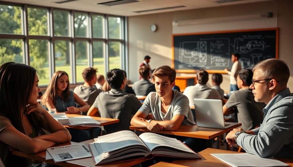 A classroom setting with students sitting at desks, focused on an engineering textbook open in front of them. In the foreground, a diverse group of young men and women, their expressions thoughtful as they study the material. The lighting is warm and natural, filtering in through large windows that overlook a lush, verdant campus. In the background, a professor stands at a chalkboard, illustrating a complex diagram related to mechanical engineering. The atmosphere is one of intellectual curiosity and academic rigor, setting the stage for a rigorous selection process for a prestigious engineering scholarship. A classroom setting with students sitting at desks, focused on an engineering textbook open in front of them. In the foreground, a diverse group of young men and women, their expressions thoughtful as they study the material. The lighting is warm and natural, filtering in through large windows that overlook a lush, verdant campus. In the background, a professor stands at a chalkboard, illustrating a complex diagram related to mechanical engineering. The atmosphere is one of intellectual curiosity and academic rigor, setting the stage for a rigorous selection process for a prestigious engineering scholarship.