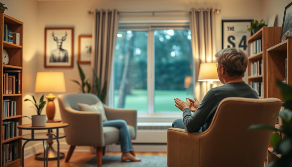 A cozy counseling room with warm lighting and a calming atmosphere. In the foreground, a comfortable chair and a side table with a potted plant. In the middle, a person sitting across from the counselor, engaged in a thoughtful discussion. The background features bookshelves, framed artwork, and a window overlooking a peaceful outdoor scene. The composition emphasizes the connection and trust between the individual and the counselor, creating a safe and supportive environment for personal growth and guidance. A cozy counseling room with warm lighting and a calming atmosphere. In the foreground, a comfortable chair and a side table with a potted plant. In the middle, a person sitting across from the counselor, engaged in a thoughtful discussion. The background features bookshelves, framed artwork, and a window overlooking a peaceful outdoor scene. The composition emphasizes the connection and trust between the individual and the counselor, creating a safe and supportive environment for personal growth and guidance.