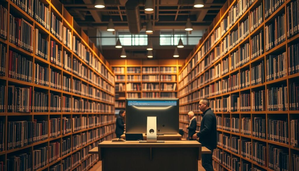A detailed, neatly organized library catalog system with rows of bookshelves, each shelf meticulously labeled with Dewey Decimal classification numbers. Warm, soft lighting illuminates the space, creating a cozy, inviting atmosphere. In the foreground, a central desk stands, with a computer monitor displaying the digital catalog interface. Patrons browse the shelves, their expressions focused and engaged. The overall scene conveys a sense of knowledge, order, and the quiet dedication of a librarian's work. A detailed, neatly organized library catalog system with rows of bookshelves, each shelf meticulously labeled with Dewey Decimal classification numbers. Warm, soft lighting illuminates the space, creating a cozy, inviting atmosphere. In the foreground, a central desk stands, with a computer monitor displaying the digital catalog interface. Patrons browse the shelves, their expressions focused and engaged. The overall scene conveys a sense of knowledge, order, and the quiet dedication of a librarian's work.