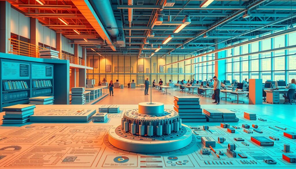 A detailed, technical illustration of an integrated mechanical engineering curriculum. The foreground depicts a comprehensive curriculum framework, with distinct modules and subjects arranged in a structured layout. The middle ground showcases various learning resources, including textbooks, laboratory equipment, and interactive digital tools. In the background, a state-of-the-art engineering facility provides the setting, with modern architecture, well-equipped classrooms, and collaborative workspaces. The scene is bathed in warm, focused lighting, creating a professional, academic atmosphere. The overall composition conveys the depth, versatility, and practical application of the mechanical engineering curriculum, reflecting its role in fostering skilled, industry-ready graduates. A detailed, technical illustration of an integrated mechanical engineering curriculum. The foreground depicts a comprehensive curriculum framework, with distinct modules and subjects arranged in a structured layout. The middle ground showcases various learning resources, including textbooks, laboratory equipment, and interactive digital tools. In the background, a state-of-the-art engineering facility provides the setting, with modern architecture, well-equipped classrooms, and collaborative workspaces. The scene is bathed in warm, focused lighting, creating a professional, academic atmosphere. The overall composition conveys the depth, versatility, and practical application of the mechanical engineering curriculum, reflecting its role in fostering skilled, industry-ready graduates.