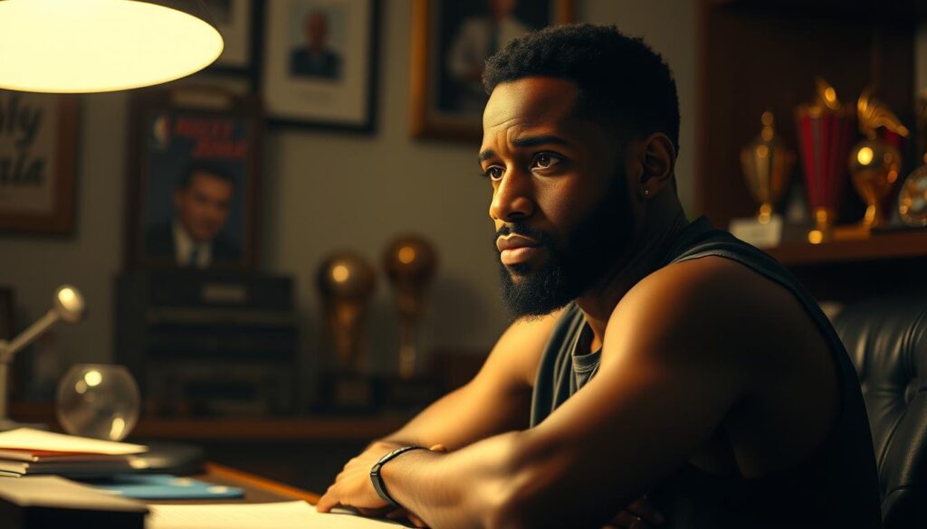 A dimly lit office scene, with a weary Chris Paul sitting at his desk, contemplating his retirement decision. The room is filled with mementos and trophies from his illustrious career, casting a warm glow. Paul's face is etched with a mix of emotions - determination, regret, and a sense of finality. The lighting is soft, creating a pensive atmosphere, as if capturing a private moment of reflection. The background is slightly blurred, putting the focus on Paul and the weight of his decision. The overall mood is one of a significant transition, a closing chapter in the life of a basketball legend. A dimly lit office scene, with a weary Chris Paul sitting at his desk, contemplating his retirement decision. The room is filled with mementos and trophies from his illustrious career, casting a warm glow. Paul's face is etched with a mix of emotions - determination, regret, and a sense of finality. The lighting is soft, creating a pensive atmosphere, as if capturing a private moment of reflection. The background is slightly blurred, putting the focus on Paul and the weight of his decision. The overall mood is one of a significant transition, a closing chapter in the life of a basketball legend.