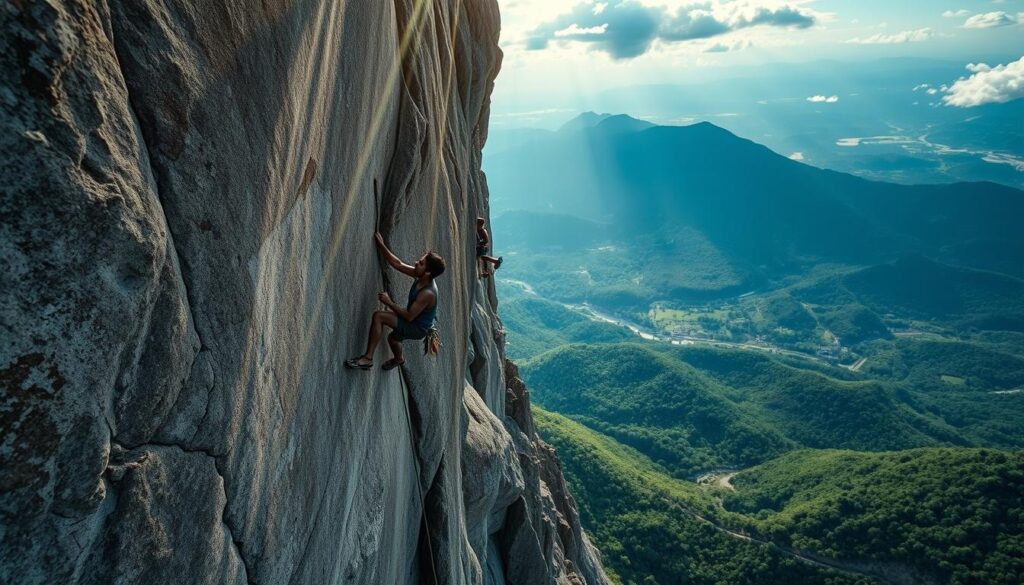 A dramatic, action-packed scene of Indonesian rock climbers scaling a towering, rugged cliff face, their limbs grasping tightly to the craggy surface. Powerful beams of light illuminate their determined expressions as they push themselves to the limit, showcasing the extraordinary skill and athleticism that have propelled them to the world stage. In the distance, a stunning natural landscape unfolds, with lush forests and distant mountains forming a breathtaking backdrop. The image conveys a sense of triumph, perseverance, and the unwavering spirit of these elite Indonesian athletes as they strive for glory on the global climbing circuit.