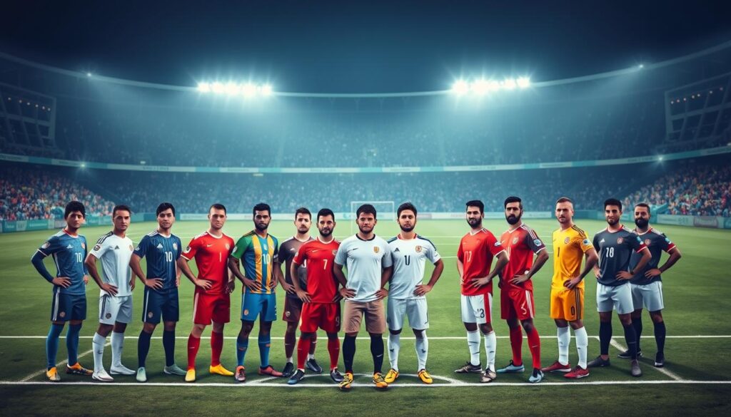 A group of professional soccer players from diverse nationalities, dressed in their respective team uniforms, standing on a well-lit soccer field, ready to compete in the Liga 1 Super League. The foreground features a cluster of players from different countries, each with a distinct appearance and playing style, creating a vibrant and dynamic scene. The middle ground showcases the soccer field, with neatly marked lines and well-maintained grass, setting the stage for the upcoming match. In the background, the stadium looms, its grandstands filled with enthusiastic fans, creating a sense of energy and anticipation for the highly anticipated league encounter.