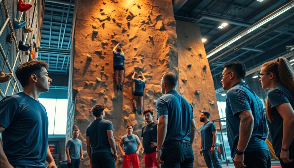 A high-intensity climbing gym with a towering rock wall, illuminated by warm, focused lighting. In the foreground, a group of determined athletes in athletic gear, expertly navigating the challenging ascent, their expressions conveying intense focus and determination. In the middle ground, their coaches offering guidance and encouragement, meticulously observing their technique. The background features a sleek, modern facility with state-of-the-art equipment, creating an atmosphere of professionalism and dedication to the sport of rock climbing. The overall scene conveys the rigorous training and preparation required for elite-level competition, perfectly encapsulating the "Persiapan Atlet Panjat Tebing Sea Games" section of the article.