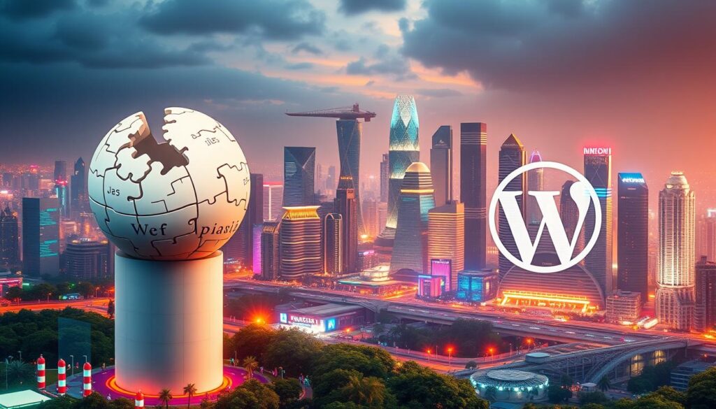A high-resolution panoramic view of a bustling digital landscape, showcasing the prominence of the Indonesian language across major online platforms. In the foreground, the iconic Wikipedia logo stands tall, surrounded by a vibrant array of digital elements - from colorful interface elements to fluid data visualizations. In the middle ground, the WordPress logo emerges, seamlessly integrated into the scene, representing the widespread adoption of the platform in the Indonesian web ecosystem. The background features a dynamic, futuristic cityscape, with glowing skyscrapers and interconnected data networks, symbolizing the global reach and influence of the Indonesian digital sphere. The scene is bathed in a warm, inviting glow, conveying a sense of progress, innovation, and the growing international recognition of the Indonesian language.
