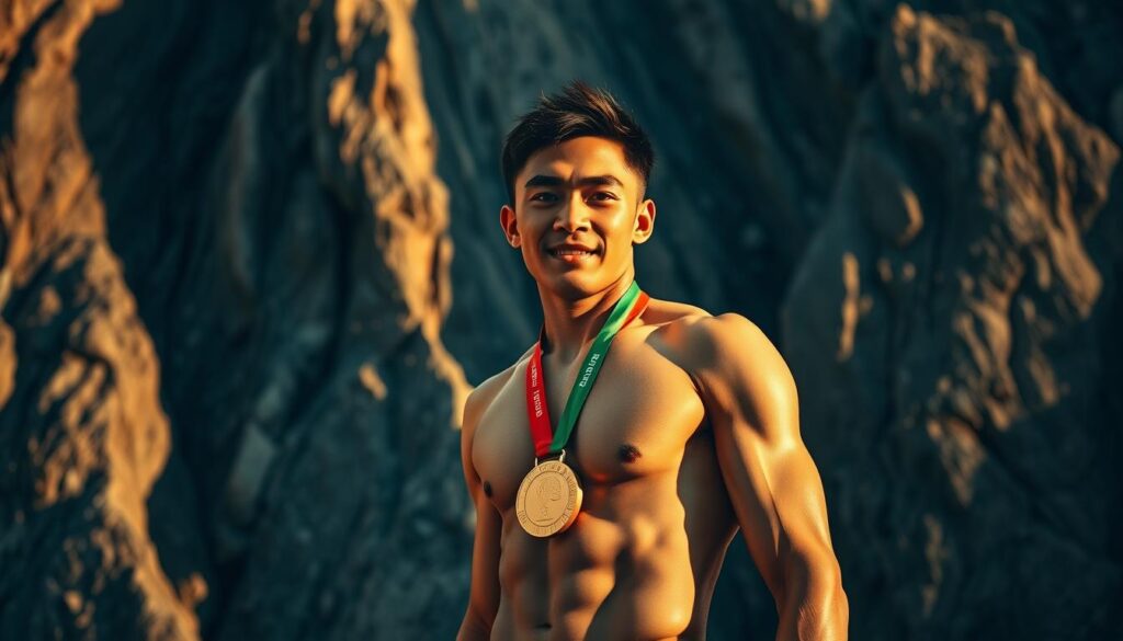 A highly detailed, realistic portrait of an Indonesian rock climber proudly displaying their gold medal. The athlete stands in the foreground, their muscular physique accentuated by dramatic lighting casting dramatic shadows. The climber's face exudes a confident, triumphant expression, their medal gleaming in the sun. In the middle ground, a rugged, rocky cliff face serves as the backdrop, conveying the challenging, high-stakes nature of their sport. The scene is bathed in warm, golden hues, creating an atmosphere of achievement and national pride. Camera angle positioned slightly below the climber, emphasizing their athletic prowess and commanding presence.