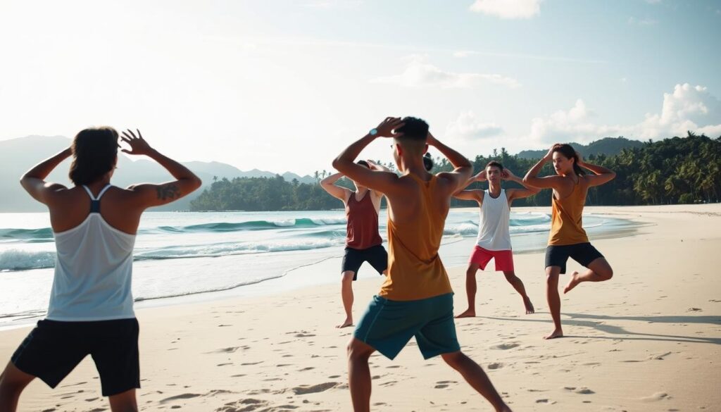 A holistic training session for Sea Games athletes in a serene coastal setting. In the foreground, a group of athletes engaged in dynamic exercises, their movements graceful and purposeful. Midground, a tranquil beach with gently lapping waves, the sun casting a warm glow. In the background, lush tropical foliage and distant mountains, creating a sense of harmony and balance. Soft, diffused lighting illuminates the scene, highlighting the athletes' focus and dedication. The atmosphere is one of peaceful determination, conveying the importance of a well-rounded approach to preparing for the Sea Games competition.