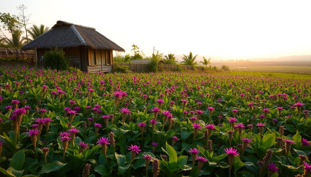 A lush, verdant field teeming with vibrant, otherworldly plants and flowers. In the foreground, intricate patterns of foliage and blooms in shades of indigo, magenta, and emerald sway gently in a warm breeze. The middle ground features a small, rustic structure with thatched roof and weathered wooden walls, blending seamlessly into the natural landscape. In the background, a distant horizon is bathed in a soft, golden glow, creating an enchanting, almost mystical atmosphere. The scene is imbued with a sense of harmony and reverence for the local traditions and natural cycles that inspire the practice of "aura farming". A lush, verdant field teeming with vibrant, otherworldly plants and flowers. In the foreground, intricate patterns of foliage and blooms in shades of indigo, magenta, and emerald sway gently in a warm breeze. The middle ground features a small, rustic structure with thatched roof and weathered wooden walls, blending seamlessly into the natural landscape. In the background, a distant horizon is bathed in a soft, golden glow, creating an enchanting, almost mystical atmosphere. The scene is imbued with a sense of harmony and reverence for the local traditions and natural cycles that inspire the practice of "aura farming".