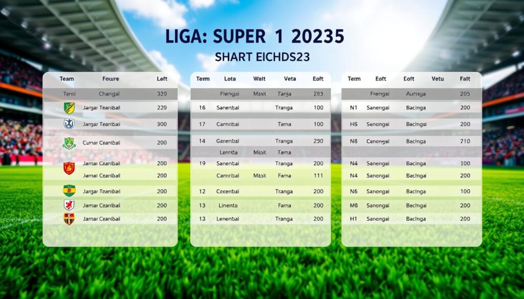 A meticulously designed schedule board showcasing the fixtures of the Liga 1 Super League 2025 season. The foreground features a clean, minimal layout with team logos, match dates, and venue information presented in a modern, easy-to-read format. The middle ground depicts a lush, verdant field, hinting at the exciting matches to come. In the background, a vibrant, sun-drenched stadium setting with spectators in the stands creates an atmosphere of anticipation and energy. The overall composition conveys a sense of professionalism, attention to detail, and the high-stakes thrill of the Indonesian top-flight football league.