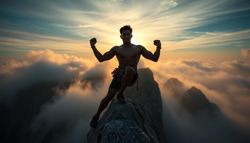 A portrait of Kiromal Katibin, an Indonesian rock climbing athlete, posed gracefully mid-ascent on a towering rock face. Captured in dramatic chiaroscuro lighting, his muscular frame silhouetted against a vibrant, golden-hour sky. The foreground is sharp and detailed, showcasing his intense focus and control, while the background gently blurs into mist-shrouded cliffs, conveying a sense of serene solitude. The image exudes a palpable aura of power, determination, and mastery of his craft. Shot with a wide-angle lens to emphasize the scale and grandeur of the scene, this portrait celebrates Kiromal's remarkable athletic prowess and his journey as a renowned Indonesian rock climbing champion.