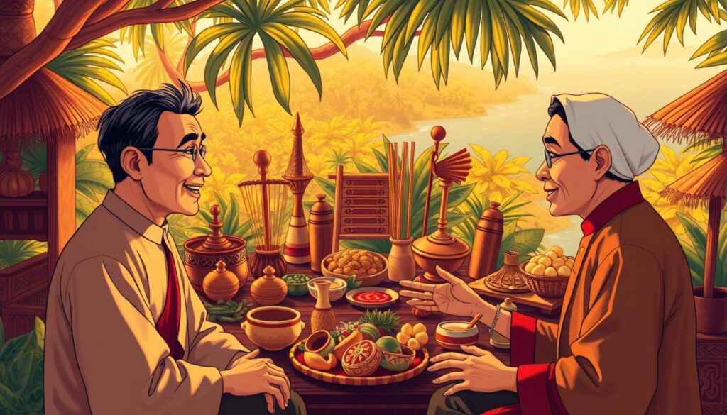 A richly detailed illustration showcasing the nuances between the Indonesian and Malay languages. In the foreground, two figures, one speaking Indonesian and the other Malay, engage in a lively conversation, their hand gestures and facial expressions conveying the subtle differences in their speech patterns. In the middle ground, a collection of iconic cultural artifacts, such as traditional textiles, musical instruments, and culinary items, highlight the shared heritage while hinting at the unique regional variations. In the background, a vibrant tropical landscape with lush foliage and a glimpse of the ocean, symbolizing the geographic proximity and interconnectedness of the two linguistic cousins. Warm, natural lighting casts a golden glow, evoking a sense of timelessness and cultural richness. The composition is balanced, with a harmonious blend of colors and textures that draw the viewer's eye to the central narrative.