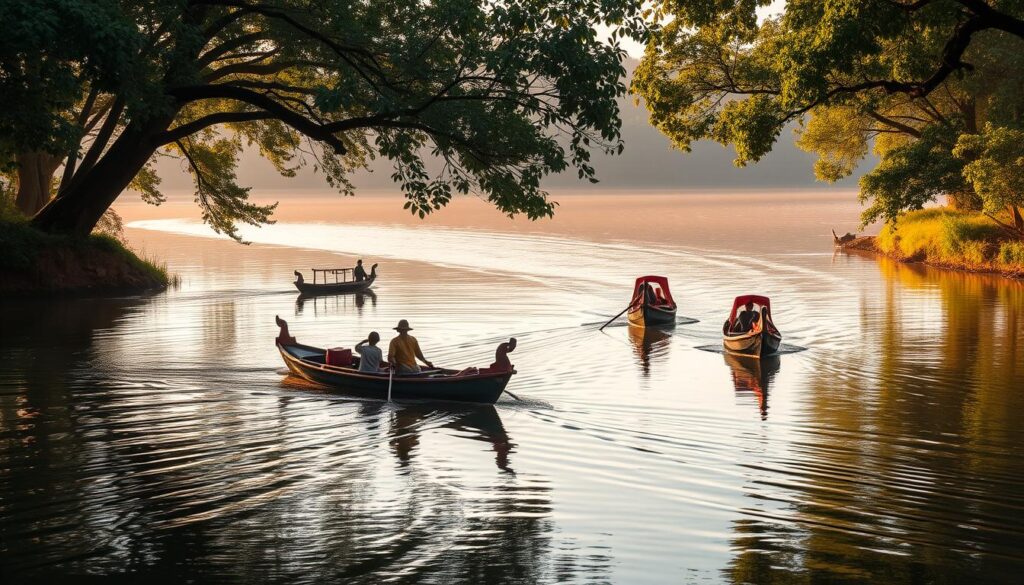 A serene river in Kuantan, its tranquil waters reflecting the vibrant traditional boats known as Pacu Jalur. The boats, adorned with intricate carvings and colorful sails, glide gracefully across the surface, their skilled captains navigating the current with precision. The lush, verdant banks frame the scene, creating a picturesque backdrop that evokes the rich cultural heritage of the region. Warm, diffused sunlight filters through the canopy of trees, casting a warm glow over the entire tableau. The atmosphere is one of timeless tradition, where the rhythm of the water and the energy of the boats transport the viewer to a bygone era. A serene river in Kuantan, its tranquil waters reflecting the vibrant traditional boats known as Pacu Jalur. The boats, adorned with intricate carvings and colorful sails, glide gracefully across the surface, their skilled captains navigating the current with precision. The lush, verdant banks frame the scene, creating a picturesque backdrop that evokes the rich cultural heritage of the region. Warm, diffused sunlight filters through the canopy of trees, casting a warm glow over the entire tableau. The atmosphere is one of timeless tradition, where the rhythm of the water and the energy of the boats transport the viewer to a bygone era.
