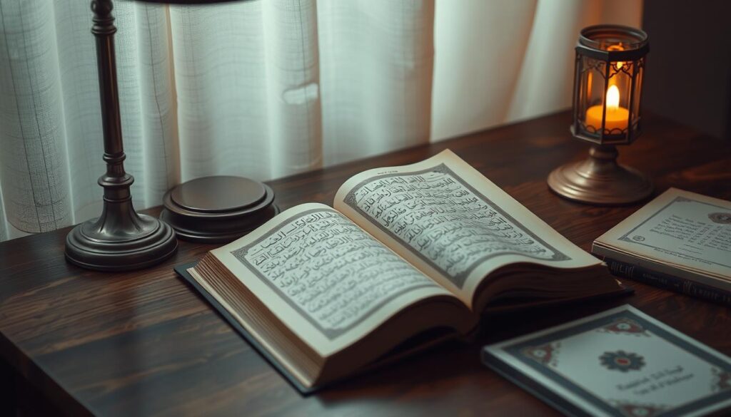 A serene study nook with a wooden desk, antique lamp, and open journal. Soft, diffused lighting illuminates the scene, creating a contemplative atmosphere. The journal's pages are filled with elegant calligraphy and intricate illustrations, reflecting the thoughtful and spiritual nature of the subject, "Jurnal Akhlak Tasawuf". The composition is balanced, with the journal as the focal point, surrounded by understated yet refined accents that evoke a sense of scholarly dedication and inner exploration. A serene study nook with a wooden desk, antique lamp, and open journal. Soft, diffused lighting illuminates the scene, creating a contemplative atmosphere. The journal's pages are filled with elegant calligraphy and intricate illustrations, reflecting the thoughtful and spiritual nature of the subject, "Jurnal Akhlak Tasawuf". The composition is balanced, with the journal as the focal point, surrounded by understated yet refined accents that evoke a sense of scholarly dedication and inner exploration.