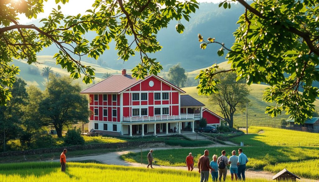 A serene village scene, with a vibrant red-and-white cooperative building nestled among lush green trees and rolling hills. Sunlight filters through the branches, casting a warm glow over the scene. In the foreground, a group of farmers and villagers gather, discussing plans and strategies for the cooperative's operations. The building's architecture reflects a blend of traditional and modern elements, symbolizing the cooperative's commitment to honoring the past while embracing progress. The overall atmosphere conveys a sense of community, cooperation, and a shared vision for sustainable economic development. A serene village scene, with a vibrant red-and-white cooperative building nestled among lush green trees and rolling hills. Sunlight filters through the branches, casting a warm glow over the scene. In the foreground, a group of farmers and villagers gather, discussing plans and strategies for the cooperative's operations. The building's architecture reflects a blend of traditional and modern elements, symbolizing the cooperative's commitment to honoring the past while embracing progress. The overall atmosphere conveys a sense of community, cooperation, and a shared vision for sustainable economic development.