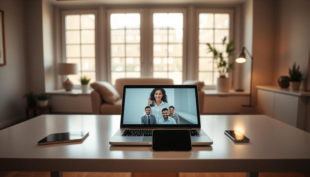 A serene, well-lit home office setting with a laptop, tablet, and smartphone arranged neatly on a sleek, modern desk. The desktop showcases a video call interface, conveying the idea of virtual counseling sessions. Warm, indirect lighting filters through large windows, creating a calming, professional atmosphere. In the background, minimalist decor and neutral tones contribute to an overall sense of tranquility and focus. The scene captures the intersection of technology and personalized mental health support, reflecting the essence of online counseling services. A serene, well-lit home office setting with a laptop, tablet, and smartphone arranged neatly on a sleek, modern desk. The desktop showcases a video call interface, conveying the idea of virtual counseling sessions. Warm, indirect lighting filters through large windows, creating a calming, professional atmosphere. In the background, minimalist decor and neutral tones contribute to an overall sense of tranquility and focus. The scene captures the intersection of technology and personalized mental health support, reflecting the essence of online counseling services.