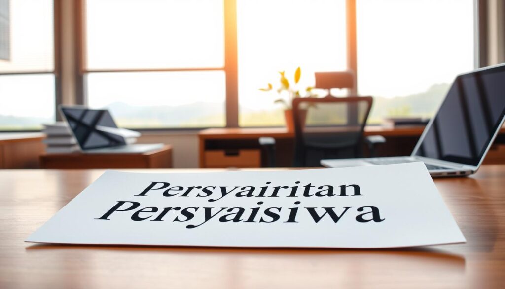 A serene, well-lit office interior with a wooden desk, a stack of documents, and a laptop computer. In the foreground, a crisp, clean sheet of paper prominently displays the title "Persyaratan Beasiswa" in a professional, elegant font. The middle ground features a modern, ergonomic office chair and a potted plant, conveying a sense of productivity and attention to detail. The background showcases a large window overlooking a picturesque landscape, bathing the scene in warm, natural light. The overall atmosphere exudes a refined, academic ambiance suitable for illustrating the "Persyaratan dan Proses Pendaftaran" section of the "Beasiswa Banyuwangi Cerdas 2025" article. A serene, well-lit office interior with a wooden desk, a stack of documents, and a laptop computer. In the foreground, a crisp, clean sheet of paper prominently displays the title "Persyaratan Beasiswa" in a professional, elegant font. The middle ground features a modern, ergonomic office chair and a potted plant, conveying a sense of productivity and attention to detail. The background showcases a large window overlooking a picturesque landscape, bathing the scene in warm, natural light. The overall atmosphere exudes a refined, academic ambiance suitable for illustrating the "Persyaratan dan Proses Pendaftaran" section of the "Beasiswa Banyuwangi Cerdas 2025" article.