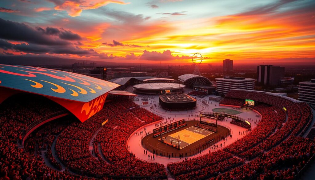 A sprawling fire games venue in 2025, bathed in vibrant hues of orange and red. The foreground features a grand, modern arena with sleek, angular architecture, its facade adorned with dynamic, flame-like patterns. Crowds of spectators fill the stands, their excitement palpable. In the middle ground, surrounding the arena, are state-of-the-art training facilities and support buildings, their glass and steel structures reflecting the flickering flames. The background is dominated by a dramatic, sunset-drenched skyline, the clouds tinged with fiery tones. The overall scene conveys a sense of intensity, energy, and anticipation for the upcoming World Police and Fire Games.
