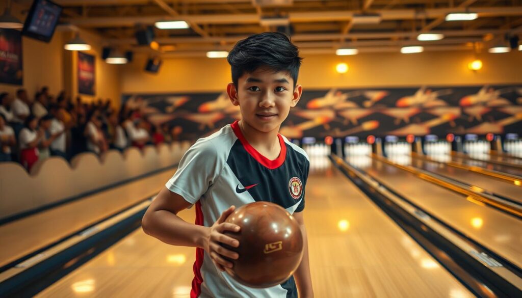 A talented young bowler, standing confidently on the gleaming lanes, eyes focused, muscles taut, ready to release the ball with precision. Warm lighting casts a golden glow, highlighting the athlete's concentration and determination. In the background, a bustling bowling alley, spectators cheering, creating an atmosphere of anticipation and excitement. The image captures the essence of the Indonesian bowling championship, showcasing the skill and potential of the nation's rising stars.