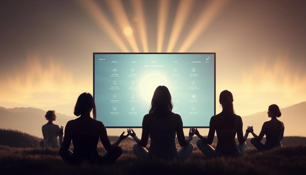 A tranquil online community of individuals seeking spiritual enlightenment, gathered around a glowing central screen. In the foreground, a group of meditating figures in serene poses, their faces radiating a sense of inner peace. The middle ground features a serene, minimalist layout with subtle icons and interfaces, inviting further exploration. In the background, a softly lit, ethereal landscape evokes a sense of the transcendent, with wisps of light and mist guiding the viewer's gaze. The overall atmosphere is one of contemplation, connection, and the pursuit of higher wisdom. A tranquil online community of individuals seeking spiritual enlightenment, gathered around a glowing central screen. In the foreground, a group of meditating figures in serene poses, their faces radiating a sense of inner peace. The middle ground features a serene, minimalist layout with subtle icons and interfaces, inviting further exploration. In the background, a softly lit, ethereal landscape evokes a sense of the transcendent, with wisps of light and mist guiding the viewer's gaze. The overall atmosphere is one of contemplation, connection, and the pursuit of higher wisdom.