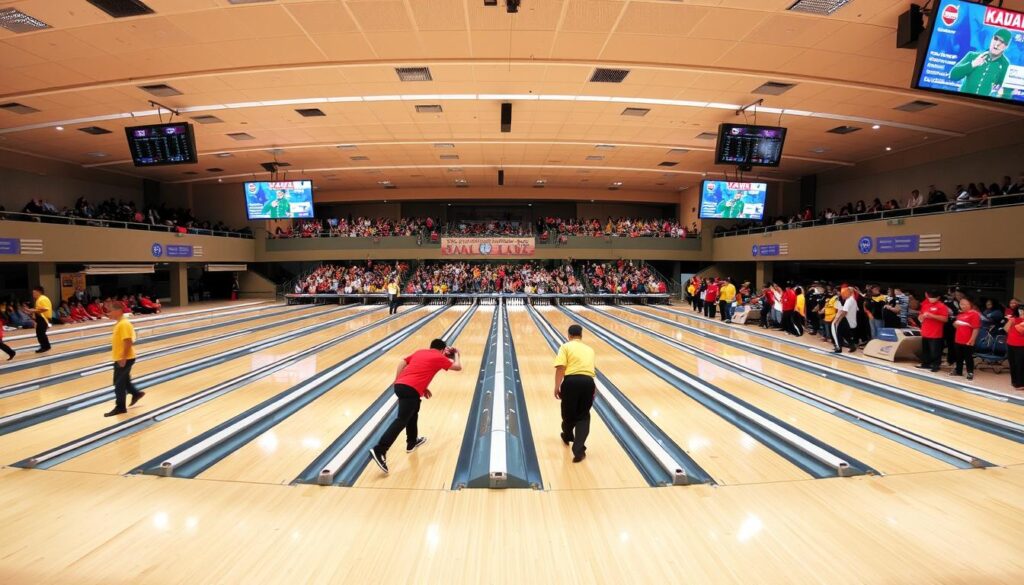 A vibrant and dynamic national bowling tournament held in an expansive indoor arena. The bright, well-lit space is filled with rows of sleek, modern bowling lanes, their polished wood surfaces gleaming under the warm lighting. In the foreground, a group of competitive bowlers, clad in colorful uniforms, line up to take their shots, their faces intense with concentration. The middle ground showcases the bustling spectator area, with enthusiastic fans cheering and applauding as the match unfolds. In the background, towering scoreboards display the current standings, adding to the sense of high-stakes competition. The overall atmosphere is one of excitement, camaraderie, and the thrill of the sport, perfectly capturing the essence of the "Kejuaraan Bowling Piala Gubernur Jakarta" event.