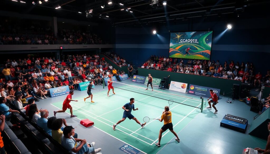 A vibrant, bustling international badminton tournament with players of diverse nationalities competing on a sleek, well-lit badminton court. The court is surrounded by spectators in the stands, creating an electric atmosphere. The players showcase their athleticism and skill as they engage in intense rallies, their colorful uniforms and gear reflecting the global nature of the event. Dramatic lighting illuminates the scene, casting dynamic shadows and highlighting the players' movements. The overall impression is one of intense competition, international camaraderie, and the thrill of elite-level badminton.