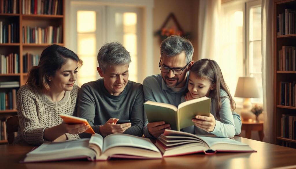 A warm, inviting scene of a family gathered around a table, engaged in reading and discussion. In the foreground, a mother and father sit side by side, books open before them, expressions of curiosity and concentration. Their children, a son and daughter, lean in close, eagerly following along. The background is a cozy, well-lit interior, with bookshelves lining the walls, casting a soft, golden glow. The mood is one of intellectual pursuit and familial bonds, the family united in the shared experience of literacy. Captured with a natural, documentary-style lens, the image conveys the importance of family support and the power of reading to enrich and connect lives. A warm, inviting scene of a family gathered around a table, engaged in reading and discussion. In the foreground, a mother and father sit side by side, books open before them, expressions of curiosity and concentration. Their children, a son and daughter, lean in close, eagerly following along. The background is a cozy, well-lit interior, with bookshelves lining the walls, casting a soft, golden glow. The mood is one of intellectual pursuit and familial bonds, the family united in the shared experience of literacy. Captured with a natural, documentary-style lens, the image conveys the importance of family support and the power of reading to enrich and connect lives.