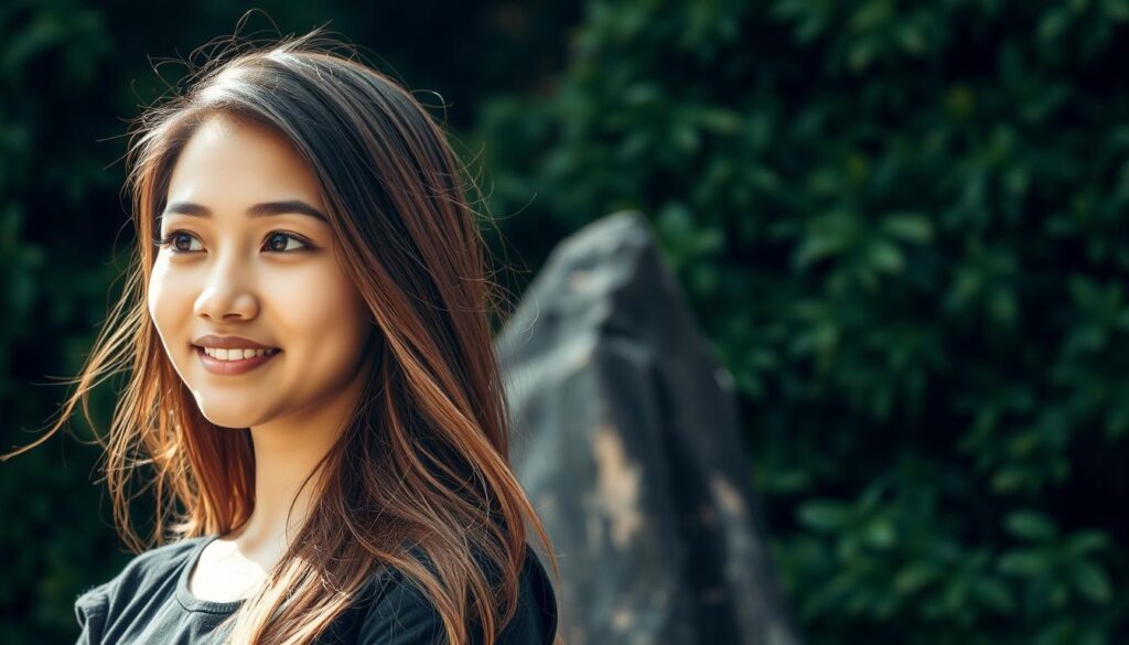 A young woman with a warm, radiant expression stands confidently against a backdrop of lush greenery. Her long, flowing hair frames her face as she gazes into the distance, conveying a sense of determination and inner strength. Soft, diffused lighting illuminates her features, creating a sense of tranquility and introspection. In the middle ground, a rocky outcrop emerges, adding depth and texture to the scene. The background is filled with verdant foliage, suggesting a serene, natural setting that complements the subject's introspective mood. The overall atmosphere is one of inspiration and personal growth, capturing the essence of the section's title, "Kisah Inspiratif Alma Ariella Tsany".
