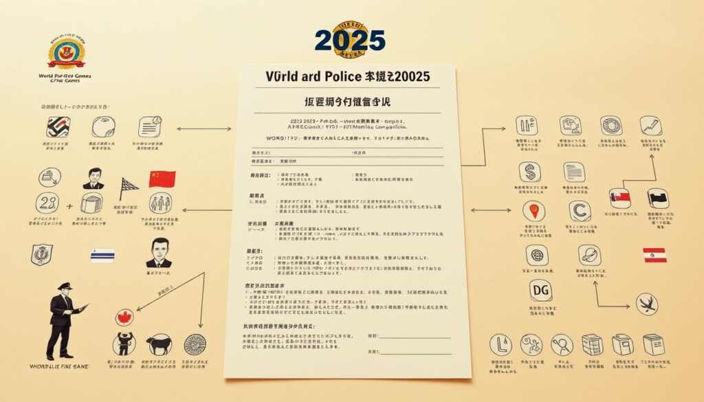 Detailed registration process for the 2025 World Police and Fire Games, with a clean, professional aesthetic. Centered on a large, official-looking document with key details in a clear layout, surrounded by icons and symbols representing the event, participants, and administrative procedures. Warm, muted tones convey a sense of authority and organization. High-quality paper texture, with subtle shadows and depth creating a tangible, physical presence. Camera angle slightly elevated to provide an authoritative, comprehensive view of the materials. Crisp, high-resolution rendering with a focus on legibility and visual hierarchy.