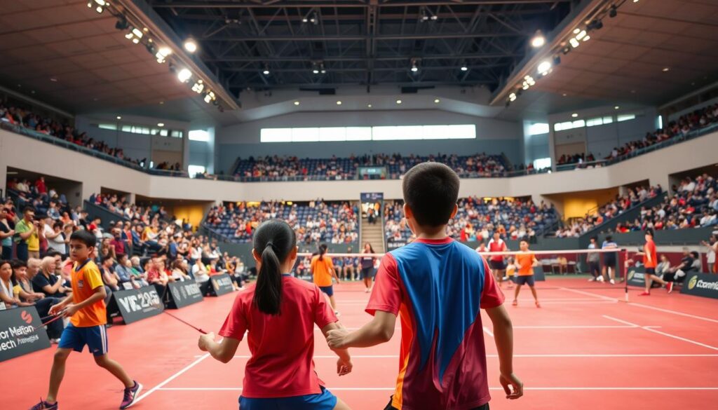 Immersive scene of a thrilling international junior badminton tournament. In the foreground, young athletes in vibrant uniforms compete on a well-lit badminton court, their movements captured in dynamic poses. The middle ground features the bustling spectator stands, filled with cheering fans and coaches offering encouragement. In the background, a grand, modern arena with sleek architecture and bright, natural lighting sets the stage for this prestigious event. The overall atmosphere exudes a sense of anticipation, excitement, and the sheer joy of competitive sport.