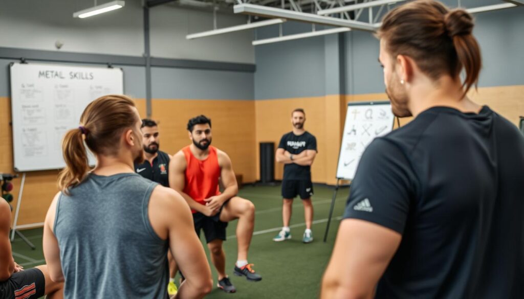 Pelatih memberikan mental skills coaching kepada atlet selama sesi latihan Pelatih memberikan mental skills coaching kepada atlet selama sesi latihan
