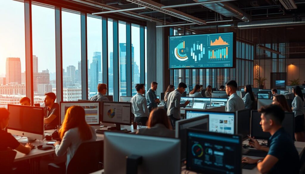 A bustling office setting in a modern, tech-driven city. In the foreground, young professionals in business attire collaborate at desks, engrossed in their computer screens. The middle ground showcases a diverse team of IT experts, discussing project plans and analyzing data visualizations projected on a large display. In the background, the city skyline is visible through floor-to-ceiling windows, reflecting the dynamic growth and opportunities within the field of information technology. Warm, directional lighting accentuates the focused energy and collaborative atmosphere of this thriving IT work environment.