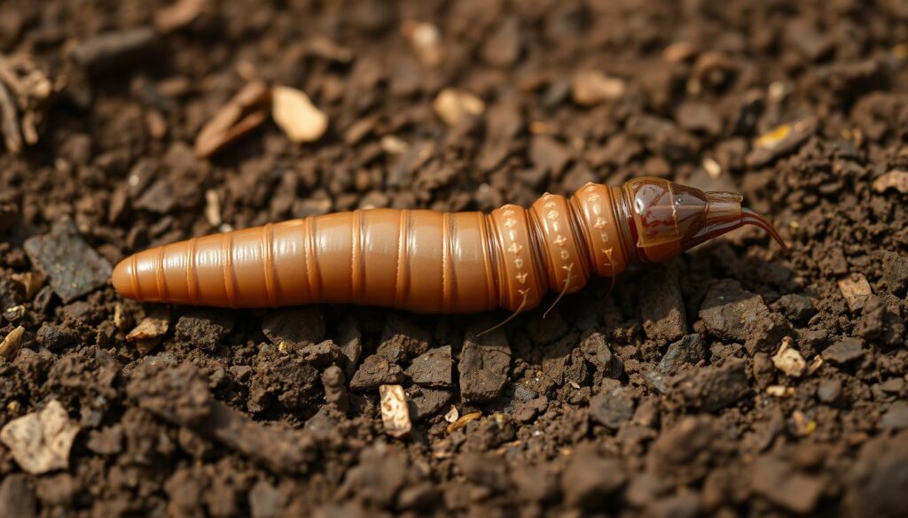 A close-up view of the locomotion system of an earthworm, showcasing its segmented body and intricate network of muscles and setae that enable its smooth, undulating movement through the soil. The worm is positioned centrally, occupying the middle ground, with a rich, earthy background of loamy soil and organic matter in muted tones. Diffused, natural lighting casts subtle shadows, emphasizing the three-dimensional texture and form of the worm's anatomy. The image should convey a sense of scientific curiosity and appreciation for the engineering marvel of this humble, yet essential, soil-dwelling creature. A close-up view of the locomotion system of an earthworm, showcasing its segmented body and intricate network of muscles and setae that enable its smooth, undulating movement through the soil. The worm is positioned centrally, occupying the middle ground, with a rich, earthy background of loamy soil and organic matter in muted tones. Diffused, natural lighting casts subtle shadows, emphasizing the three-dimensional texture and form of the worm's anatomy. The image should convey a sense of scientific curiosity and appreciation for the engineering marvel of this humble, yet essential, soil-dwelling creature.