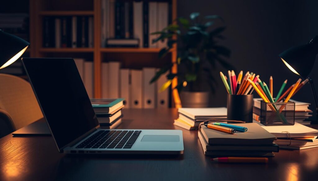 A dimly lit study desk with a sleek, modern laptop, a stack of well-organized notebooks, and a neatly arranged array of colorful pens and highlighters. The scene is bathed in a warm, focused light, casting subtle shadows that create a sense of depth and productivity. In the background, a bookshelf filled with reference materials and a potted plant add a touch of natural greenery, conveying a balanced and harmonious workspace. The overall atmosphere is one of focused concentration, with a subtle hint of the productive habits and time management strategies at the heart of the "Mengembangkan Kebiasaan Produktif" section.