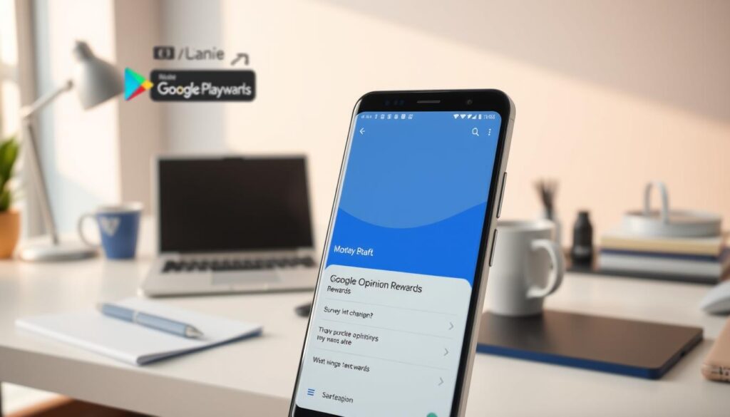 A high-resolution, photorealistic image of the Google Opinion Rewards mobile app interface. The foreground features the app's main screen, showcasing a survey question with options and a progress bar. The middle ground includes the Google Play Store logo and UI elements. The background depicts a clean, minimalist workspace setting with a laptop, coffee mug, and other office accessories, all bathed in warm, natural lighting. The overall mood is professional, informative, and inviting, highlighting the straightforward and rewarding nature of the Google Opinion Rewards program.