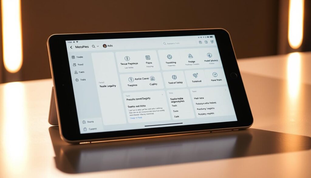 A neatly organized mobile app user interface displayed on a tablet device, with a clean and modern design. The app's home screen showcases various application functions and features, using a minimalist aesthetic with bold typography, subtle gradients, and intuitive icons. The device is placed on a sleek, reflective surface, bathed in warm, indirect lighting that casts soft shadows, creating a sense of depth and professional, high-quality presentation. The overall mood is one of simplicity, functionality, and technological sophistication.