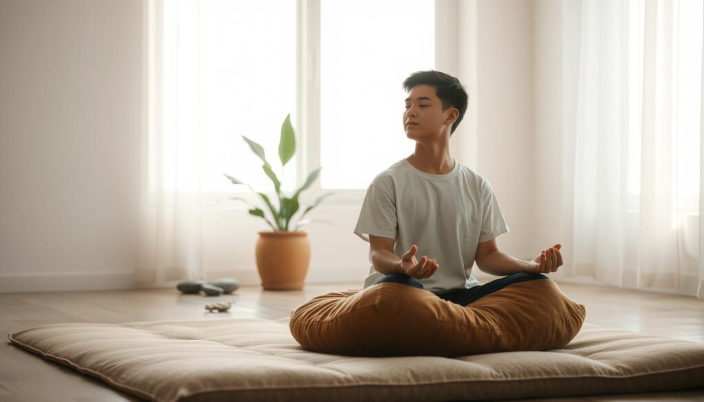 A serene and tranquil scene of a person practicing "teknik relaksasi" (relaxation technique). In the foreground, a young adult sits cross-legged on a plush, earthy-toned cushion, their eyes closed in deep meditation. Soft, warm lighting filters through a large window, casting a peaceful glow on the scene. In the middle ground, a potted plant and a few soothing, natural elements like river stones or driftwood create a calming ambiance. The background is hazy and blurred, suggesting a minimalist, distraction-free environment that allows for focus and mindfulness. The overall mood is one of stillness, balance, and rejuvenation, perfectly capturing the essence of managing stress and fatigue.