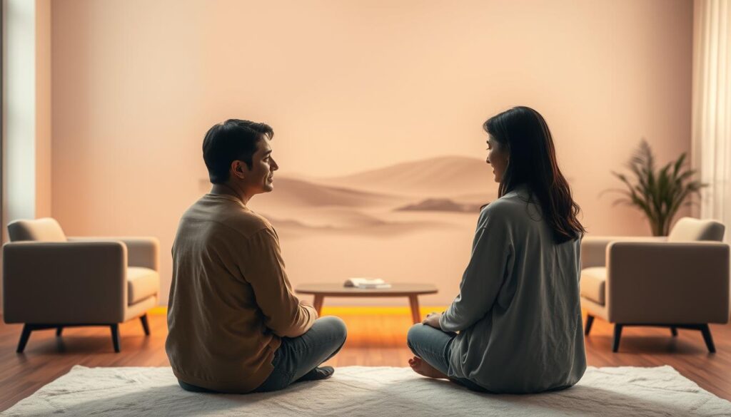 A serene therapeutic setting, with a client and therapist engaged in an Imago dialogue session. The foreground depicts the two figures seated facing each other, their expressions conveying deep contemplation and connection. Soft, warm lighting casts a gentle glow, creating an atmosphere of trust and safety. The middle ground features minimal, clean-lined furnishings, complementing the tranquil mood. In the background, a soothing, abstract landscape with muted hues evokes a sense of inner harmony and emotional healing. The overall composition emphasizes the collaborative, introspective nature of Imago therapy, inviting the viewer to imagine the transformative potential of this therapeutic approach. A serene therapeutic setting, with a client and therapist engaged in an Imago dialogue session. The foreground depicts the two figures seated facing each other, their expressions conveying deep contemplation and connection. Soft, warm lighting casts a gentle glow, creating an atmosphere of trust and safety. The middle ground features minimal, clean-lined furnishings, complementing the tranquil mood. In the background, a soothing, abstract landscape with muted hues evokes a sense of inner harmony and emotional healing. The overall composition emphasizes the collaborative, introspective nature of Imago therapy, inviting the viewer to imagine the transformative potential of this therapeutic approach.