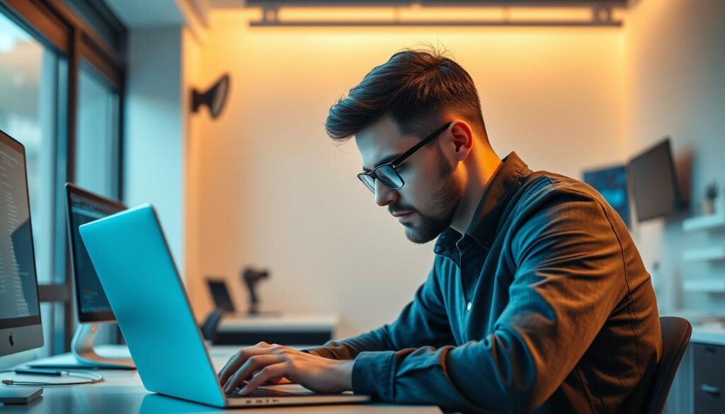 A software engineer sitting at a desk, intently focused on a laptop screen, surrounded by a modern, minimalist office environment. Warm, directional lighting from a window casts a soft glow, accentuating the engineer's features and the clean, organized workspace. The engineer's expression conveys deep concentration, reflecting the complex problem-solving nature of their role. In the background, subtle hints of technical equipment and wall-mounted monitors suggest an atmosphere of technological innovation and problem-solving. The overall scene aims to capture the essence of a software developer's career: a dedicated professional navigating the challenges of developing cutting-edge software solutions.