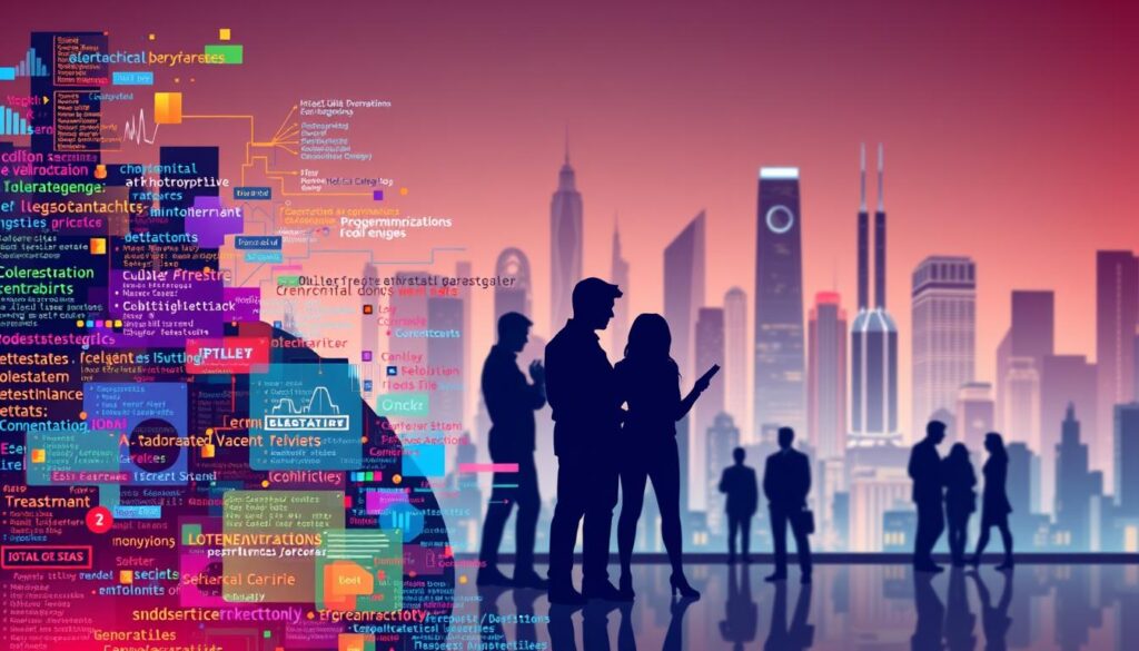 A vibrant and dynamic illustration depicting the core programming languages and skills most sought after by the technology industry. In the foreground, a collage of coding interfaces, algorithms, and data structures in various colors and styles, symbolizing the diversity and complexity of modern programming. In the middle ground, silhouettes of software engineers collaborating, highlighting the collaborative nature of software development. The background features a futuristic cityscape, representing the fast-paced, technology-driven world that these programming skills empower. Warm lighting and a sleek, minimalist design convey the power and innovation inherent in these in-demand programming abilities.
