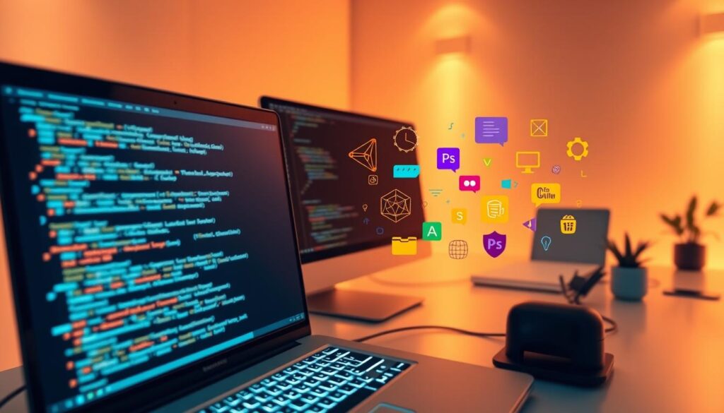 A vibrant composition showcasing the core programming skills. In the foreground, a glowing computer terminal displays lines of elegant code, the cursor blinking with a sense of dynamic potential. In the middle ground, diverse programming languages are represented by colorful icons and symbols, each radiating an aura of expertise. The background is a sleek, minimalist workspace, with clean lines and a subtle gradient that evokes the cutting-edge technology powering the modern software development landscape. Warm, diffused lighting casts a subtle glow, creating a mood of focus, productivity, and innovation. The overall scene conveys the essential toolkit and mindset of the accomplished software developer.