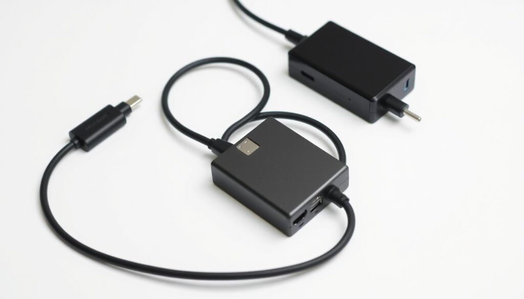A clean, well-lit product shot of a selection of cables and adapters including a USB-C to HDMI cable, a USB-C to DisplayPort adapter, and a USB-C power delivery hub, arranged neatly on a plain white background. The cables and adapters should be photographed from a slightly elevated angle to highlight their form and function, with careful attention to lighting and composition to make the image visually appealing and informative. The overall scene should convey a sense of organization and utility, suitable for illustrating the necessary equipment for activating USB-C DisplayPort on an Android device.