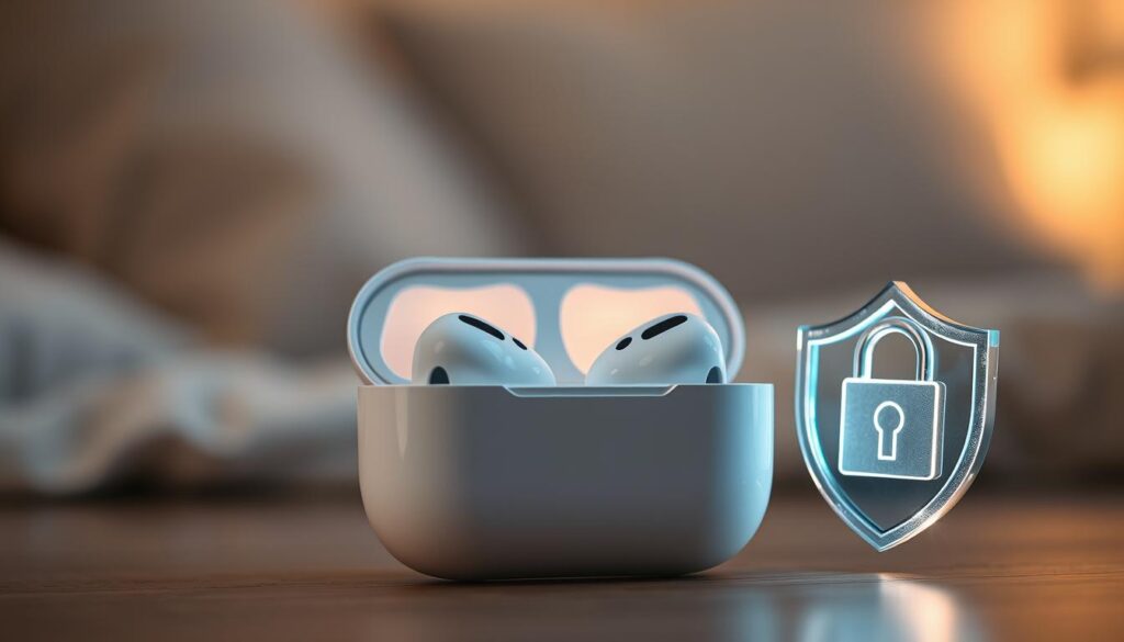 A close-up shot of a sleek, modern AirPods case, elegantly opened to reveal the AirPods inside, set against a soft, blurred background that suggests a cozy, private space. The AirPods should be highlighted with a soft, warm light that emphasizes their intricate design. In the foreground, incorporate subtle visual elements symbolizing privacy and security, like a shimmering lock or shield icon alongside the AirPods, blending seamlessly into the scene. The mood should evoke a sense of sophistication and trust, ideal for showcasing the innovative use of technology in ensuring personal privacy. Utilize a shallow depth of field to keep the focus on the AirPods, creating a sleek, polished look suitable for a professional article. A close-up shot of a sleek, modern AirPods case, elegantly opened to reveal the AirPods inside, set against a soft, blurred background that suggests a cozy, private space. The AirPods should be highlighted with a soft, warm light that emphasizes their intricate design. In the foreground, incorporate subtle visual elements symbolizing privacy and security, like a shimmering lock or shield icon alongside the AirPods, blending seamlessly into the scene. The mood should evoke a sense of sophistication and trust, ideal for showcasing the innovative use of technology in ensuring personal privacy. Utilize a shallow depth of field to keep the focus on the AirPods, creating a sleek, polished look suitable for a professional article.