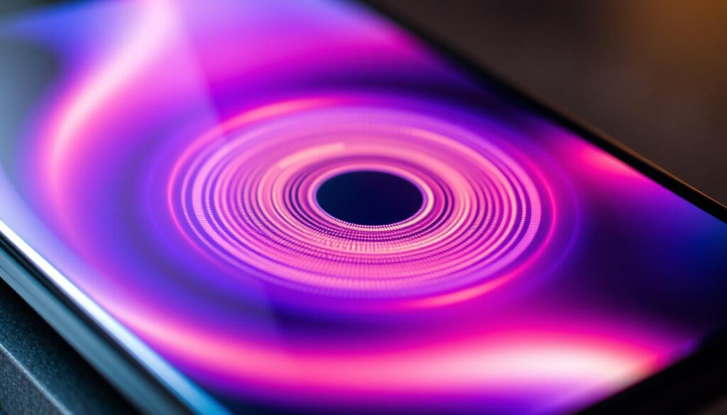 A close-up view of a smartphone screen, displaying a vibrant and pulsating haptic feedback animation. The screen is illuminated with a soft, warm glow, creating an immersive and tactile experience. The animation features a fluid, organic pattern of concentric circles emanating from the center, simulating the sensation of a gentle vibration. The background is blurred, allowing the viewer to focus on the captivating haptic feedback display. The image conveys a sense of responsiveness, interactivity, and the practical application of haptic technology in modern mobile devices.