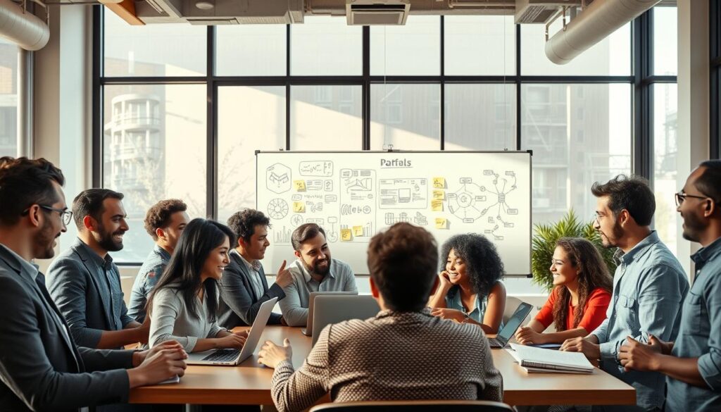 A diverse group of people engaged in a collaborative technology meeting in a modern, well-lit co-working space. In the foreground, individuals of various ethnicities discuss ideas enthusiastically, some with laptops open and others writing notes. The middle layer features a whiteboard filled with tech-related diagrams and post-it notes, symbolizing brainstorming and idea generation. In the background, large windows allow natural light to flood the space, casting soft shadows and creating an inviting atmosphere. The mood is dynamic and inspiring, with warm tones and a friendly vibe. The participants are dressed in professional business attire or smart casual clothing, emphasizing a professional environment. The composition is wide-angled, showcasing the community aspect of technology collaboration. A diverse group of people engaged in a collaborative technology meeting in a modern, well-lit co-working space. In the foreground, individuals of various ethnicities discuss ideas enthusiastically, some with laptops open and others writing notes. The middle layer features a whiteboard filled with tech-related diagrams and post-it notes, symbolizing brainstorming and idea generation. In the background, large windows allow natural light to flood the space, casting soft shadows and creating an inviting atmosphere. The mood is dynamic and inspiring, with warm tones and a friendly vibe. The participants are dressed in professional business attire or smart casual clothing, emphasizing a professional environment. The composition is wide-angled, showcasing the community aspect of technology collaboration.