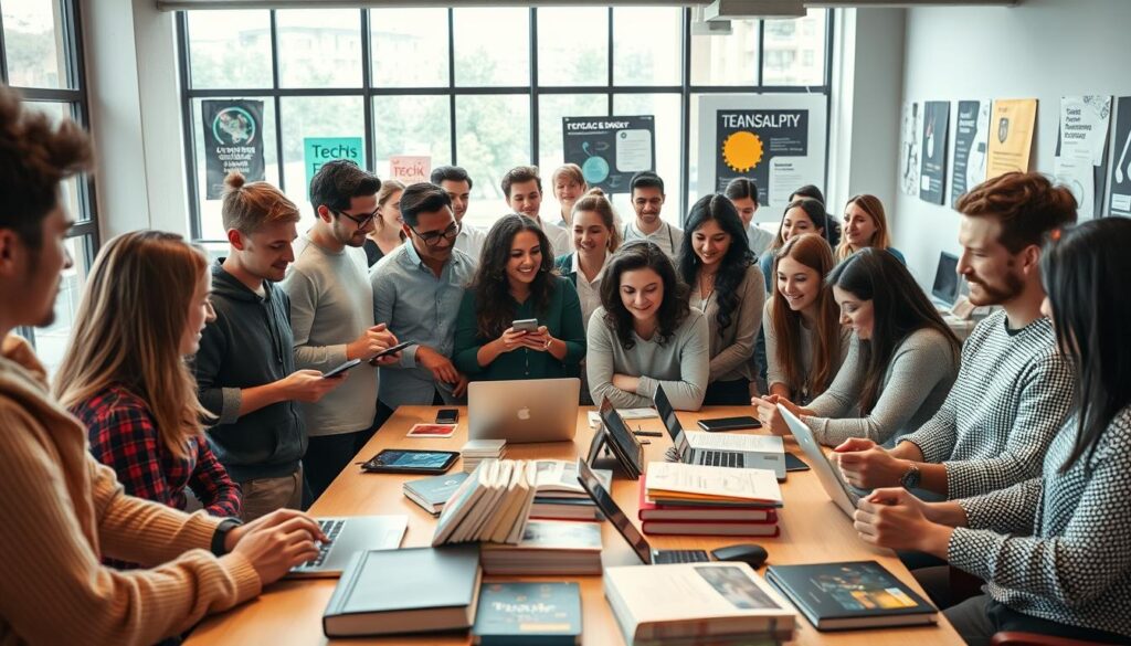A diverse group of tech enthusiasts gathered in a modern, bright co-working space, showcasing an interactive learning atmosphere. In the foreground, individuals of various ethnicities are engaging in discussions, with a mix of laptops, tablets, and tech devices. In the middle ground, tables are filled with books, coding materials, and casual group projects related to technology, symbolizing education and collaboration. In the background, large windows let in natural light, highlighting a vibrant and creative environment with tech-related posters on the walls. The overall mood is energetic and inspiring, reflecting a supportive community that fosters growth and innovation in technology. The scene is captured with soft lighting, emphasizing the connection among participants, shot from an inviting angle to enhance the collaborative spirit. A diverse group of tech enthusiasts gathered in a modern, bright co-working space, showcasing an interactive learning atmosphere. In the foreground, individuals of various ethnicities are engaging in discussions, with a mix of laptops, tablets, and tech devices. In the middle ground, tables are filled with books, coding materials, and casual group projects related to technology, symbolizing education and collaboration. In the background, large windows let in natural light, highlighting a vibrant and creative environment with tech-related posters on the walls. The overall mood is energetic and inspiring, reflecting a supportive community that fosters growth and innovation in technology. The scene is captured with soft lighting, emphasizing the connection among participants, shot from an inviting angle to enhance the collaborative spirit.