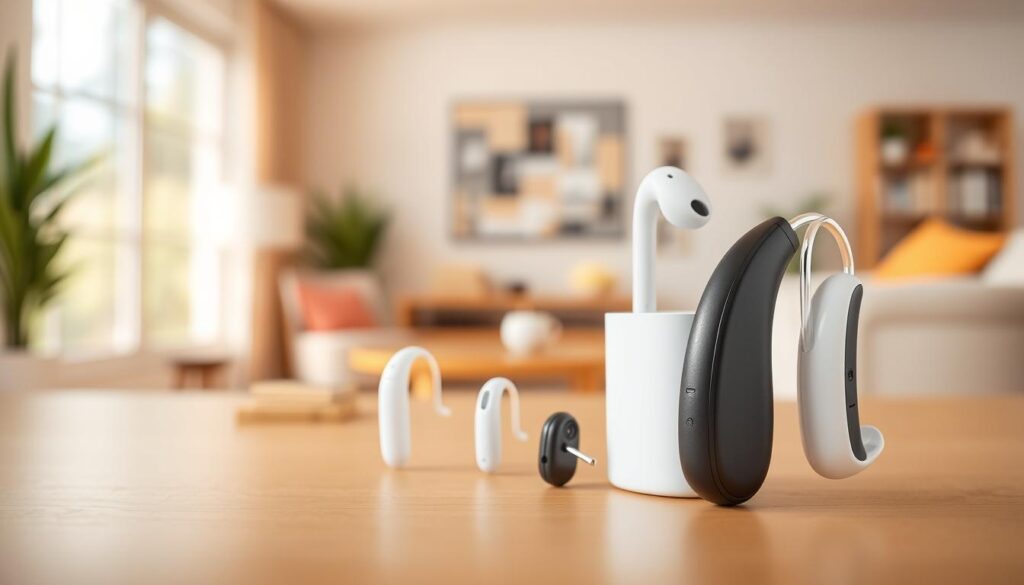 A modern, sleek pair of AirPods prominently displayed in the foreground, showcasing their design and features. In the middle ground, a visually appealing comparison between the AirPods and traditional hearing aids, highlighting the differences in size, functionality, and style, with the hearing aids styled in a less modern way. The background features a softly blurred, bright and inviting environment, representing a cozy living room or office space conducive to communication. The lighting is warm and natural, emphasizing the innovative technology of the AirPods in contrast to older styles. The overall mood is optimistic and forward-thinking, suggesting convenience and modernity with a focus on accessibility and user-friendliness. A modern, sleek pair of AirPods prominently displayed in the foreground, showcasing their design and features. In the middle ground, a visually appealing comparison between the AirPods and traditional hearing aids, highlighting the differences in size, functionality, and style, with the hearing aids styled in a less modern way. The background features a softly blurred, bright and inviting environment, representing a cozy living room or office space conducive to communication. The lighting is warm and natural, emphasizing the innovative technology of the AirPods in contrast to older styles. The overall mood is optimistic and forward-thinking, suggesting convenience and modernity with a focus on accessibility and user-friendliness.