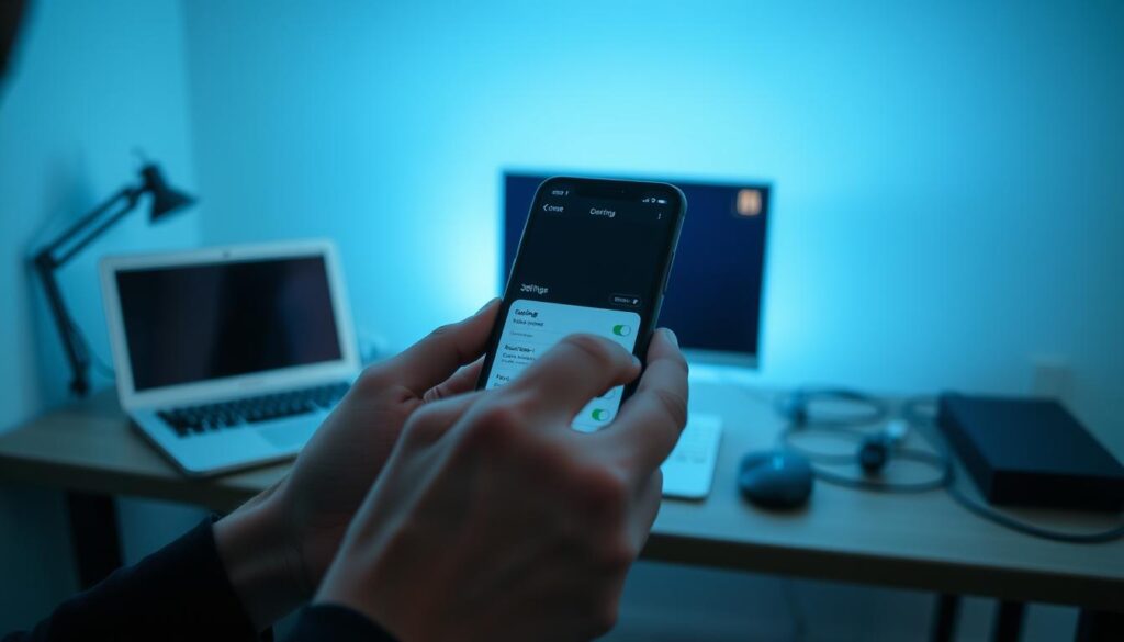 A well-lit, close-up view of a person's hands skillfully navigating through a smartphone's settings, troubleshooting a video connection issue. The background is a clean, minimalist workspace with a laptop, cables, and a monitor, conveying a sense of focus and problem-solving. Subtle blue and green hues create a calming, technical atmosphere, while dramatic lighting from the side and above highlights the protagonist's concentrated expression. The overall composition suggests a straightforward, efficient solution to the "dark screen" problem, leading to a successful connection and a perfectly functioning second display.