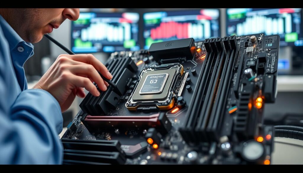 A close-up view of a high-tech motherboard undergoing an upgrade, showcasing both AMD AM4/AM5 and Intel LGA sockets prominently. In the foreground, an expert technician in professional attire carefully installs a high-performance CPU on the motherboard, surrounded by tools and components. The middle ground features the intricately designed motherboard with visible circuit patterns, slots for RAM, and cooling systems, illuminated by soft, bright LED lights that enhance its technological feel. The background is slightly blurred, hinting at a clean, organized workspace with additional hardware and monitors displaying performance metrics, creating a mood of focus and innovation. The overall atmosphere is professional and high-tech, capturing the essence of current gaming hardware advancements. A close-up view of a high-tech motherboard undergoing an upgrade, showcasing both AMD AM4/AM5 and Intel LGA sockets prominently. In the foreground, an expert technician in professional attire carefully installs a high-performance CPU on the motherboard, surrounded by tools and components. The middle ground features the intricately designed motherboard with visible circuit patterns, slots for RAM, and cooling systems, illuminated by soft, bright LED lights that enhance its technological feel. The background is slightly blurred, hinting at a clean, organized workspace with additional hardware and monitors displaying performance metrics, creating a mood of focus and innovation. The overall atmosphere is professional and high-tech, capturing the essence of current gaming hardware advancements.